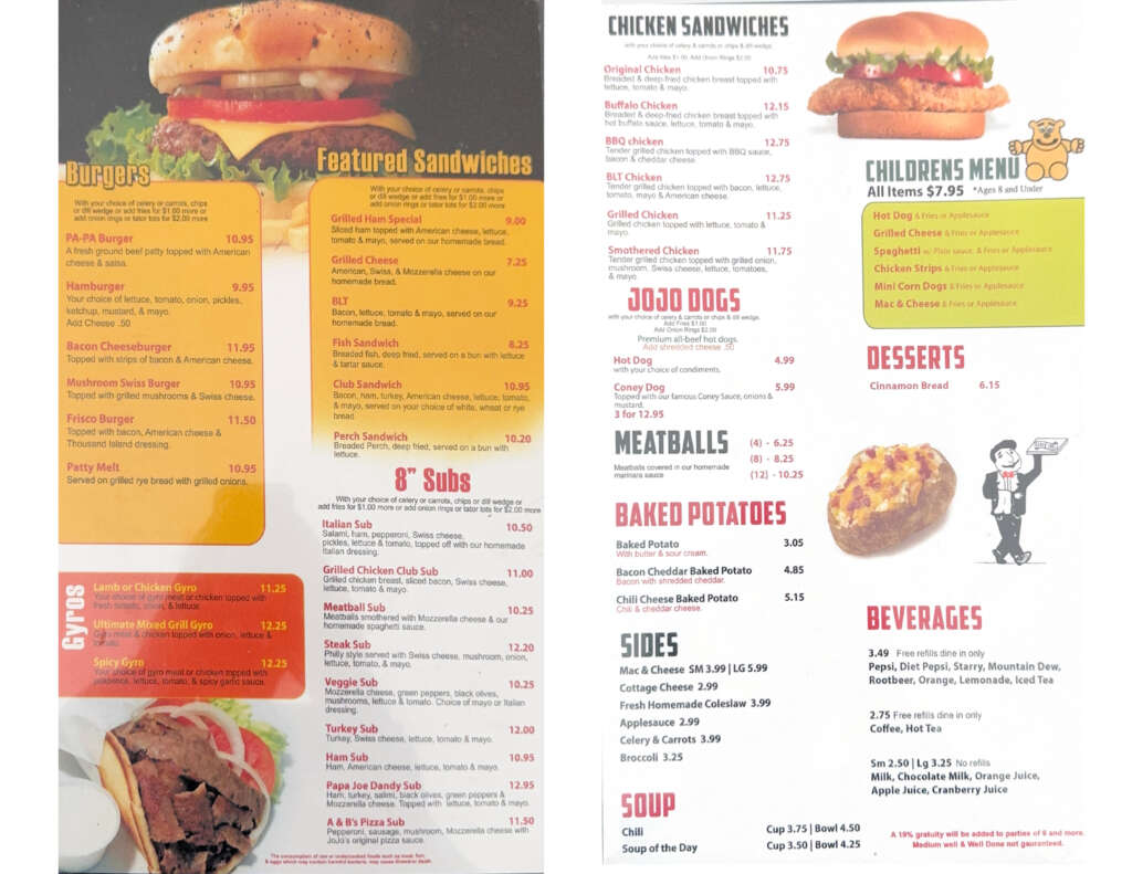 Original Jojos Pizzeria 2025 Menu Pg1